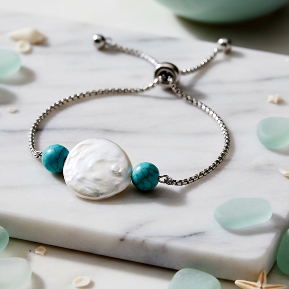 🆕️ Baroque Pearl Turquoise Beaded Adjustable Bracelet 18K White Gold Plated - Picture 1 of 10